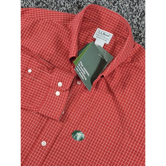 L.L. Bean Mens Wrinkle‎ Free Red Check Shirt Slightly Fitted Long Sleeve Large T - Picture 1 of 7